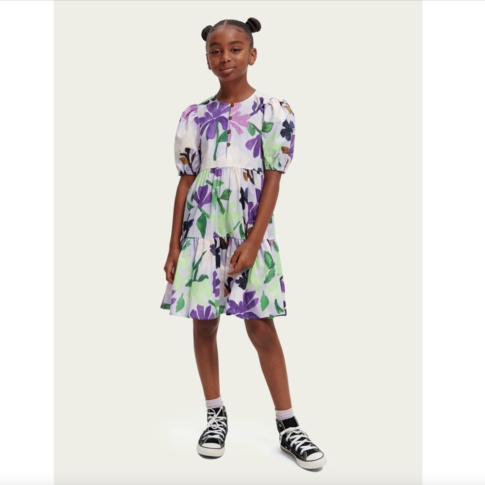 Scotch & Soda Girls Purple Floral Printed Short Puff Sleeve Tiered Dress Size 16